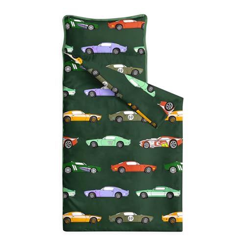 Image of Wake In Cloud - Toddler Nap Mat with Pillow and Blanket, for Kids Boys Ages 3 Plus in Kindergarten Daycare Preschool, Roll Up Sleeping Bag, Race Cars Vehicles