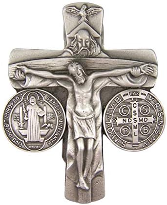 Silver-Toned Catholic Religious Crucifix with Saint Benedict Medal Auto Visor Accessories, 2 1/2 Inch