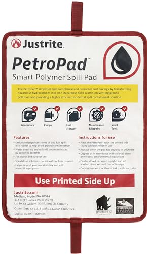 Image of Justrite PetroPad 2.8 Gallon Capacity Oil Absorbent Pads, 35 inch x 27 inch, Eco-Friendly Washable and Reusable Absorbent Oil Mat for Indoor and Outdoor Use, Medium, 83984