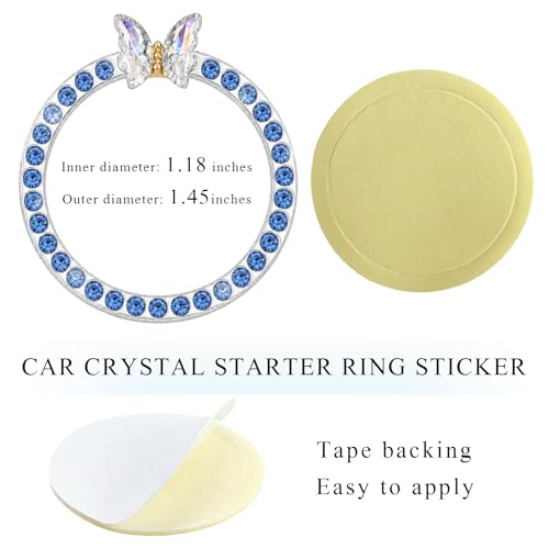Image of DXNQ Bling Ring Emblem, Sparkling Butterfly Car Buttons and Knobs Ring, Girly Butterfly Diamond Car Engine Start Button Cover, Key Ignition Knob Rings Decoration for Women (Blue, Single Row)