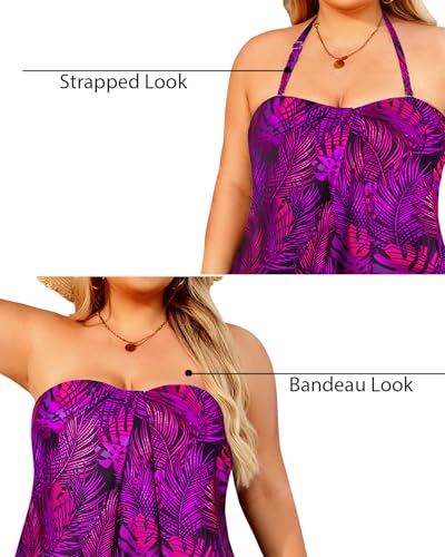 Image of Plus Size Bandeau Tankini 2 Piece Halter Swimsuit with Shorts | Flyaway,Quick Dry,Strapless,Removable Cups,High Waisted Short
