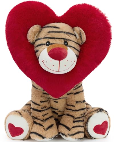 Karister Valentines Tiger Plush Toy, Tiger Stuffed Animal with Red Heart-Shaped Hood, 17“ Soft Cute Stuffed Valentines Plushies for Girlfriend Kids...