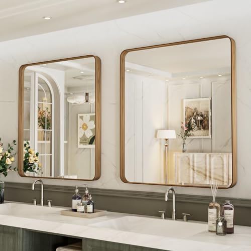 LOAAO 20X16 Inch Bathroom Mirror with Wood Grain Colored Metal Frame, Rounded Rectangle Metal Framed Bathroom Mirror, Anti-Rust, Hangs Horizontally or Vertically