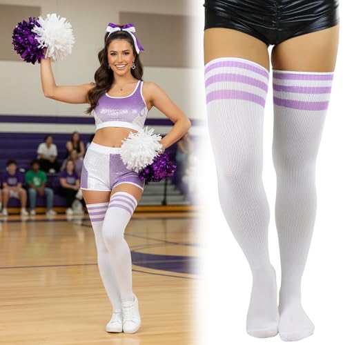 Image of ToBeInStyle Women's Heavyweight Knit Thigh High Long Socks w /Contrast 3 Stripe Top Band