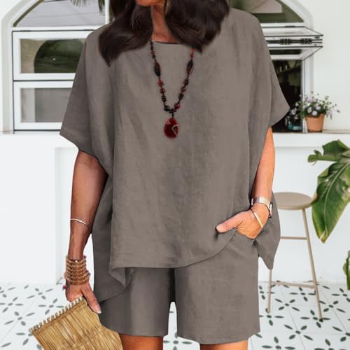 ZOCANIA Linen Short Sets for Women 2 Piece Outfits Linen Short Sleeve Top Wide Leg Short Suit Casual Short Set with Pockets3