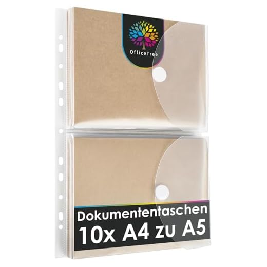 OfficeTree 10 x Dokumententasche A5 Abheftbar mit 120 Lochverstärker - Folientasche A5 - Dokumentenmappe A 5 zum Abheften - Klarsichthüllen mit Klettverschluss und Abheftrand