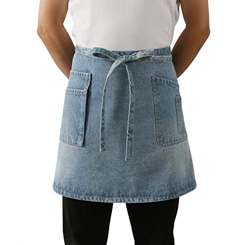 Jeanerlor Denim Blue Waist Apron with Pockets for Women, Men's Work Apron for Wife Mom Grandma Husband Boyfriend