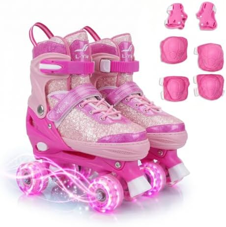 Vleox Rollschuhe Kinder Mädchen, 4 Größen Verstellbar mit SchutzausrüStung | Rainbow Rollschuhe Kinder Verstellbar mit SchutzausrüStung für Mädchen, Kinder, Jugendliche, Anfänger,