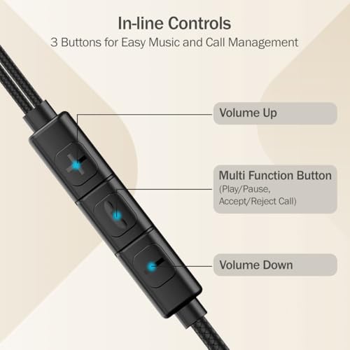 Image of pTron Boom Play X5 in-Ear Wired Earphones w /Type-C & 3.5mm Aux Connectors, 10mm Drivers for Pristine Sound, HD Mic for Clear Calls, in-line Controls,1.2m Tangle-Free Cable & Wide Compatibility (Onyx)