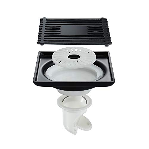 GLYYR Square Black Floor Drain 304 Stainless Steel Linear Large Displacement Shower Drain with Filter Removable Cover Seal Deodorization Wetroom Drainage System, 100×100mm