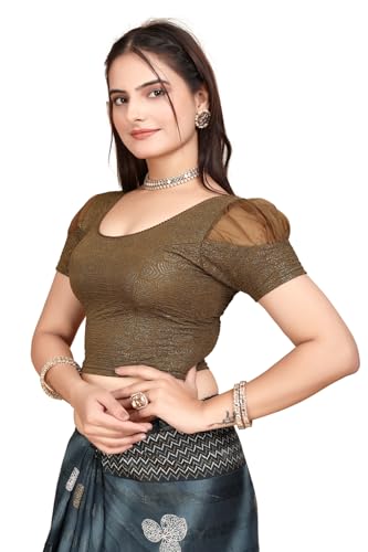 Image of SFT Women's Organza Patch Readymade Saree Blouse with Round Neck Half Sleeves Abstract Pattern Pull On Closure Regular Fit and Standard Length
