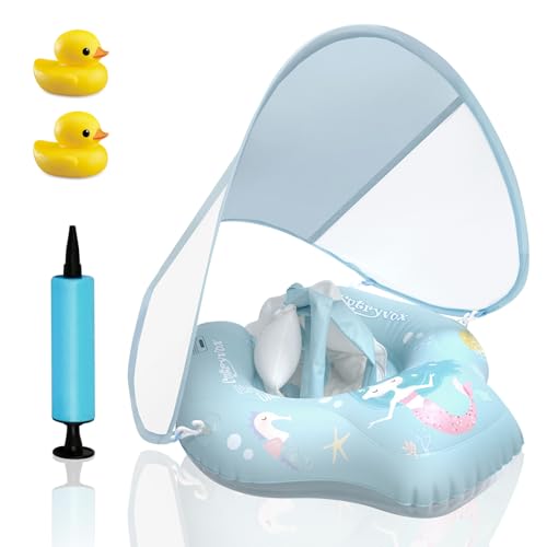 Schwimmring Baby mit UPF 50+ Abnehmbarem Sonnendach,Blau Aufblasbarer Schwimmreifen Baby, Aufblasbare Schwimmtrainer mit Sicherheitssitz für 6 Monate bis 10 Monaten Kinder, Kleinkinder-L.