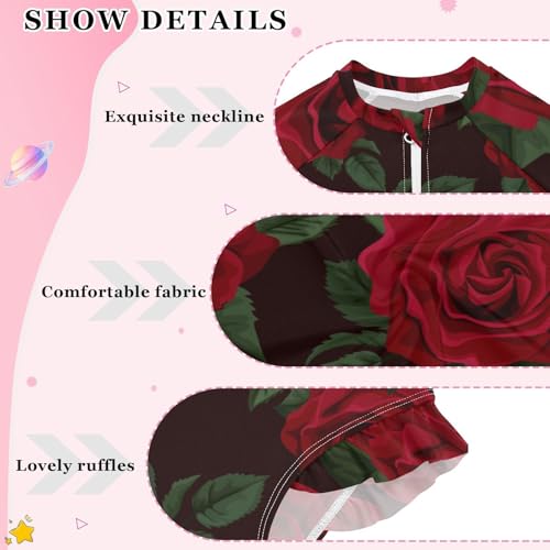 Girls One Piece Swimsuits Long Sleeve Swimsuit Zipper Bathing Suits Red Rose Black Roses3