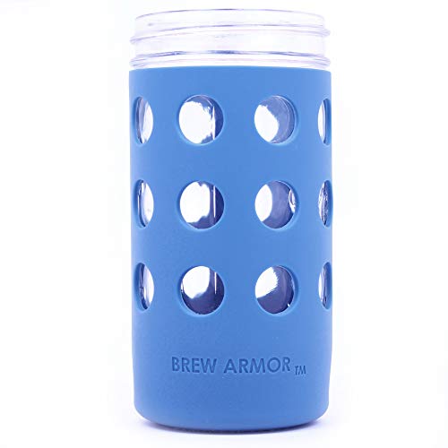 Silicone Mason Jar Protector Sleeve (2 Pack) | Fits Ball, Kerr 24oz (1.5 pint) Wide-Mouth Jars | Thickest Silicone Sleeve | Microwave & Dishwasher Safe | For Coffee, Tea and Smoothies (Blue)