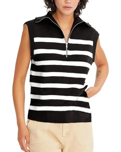 Image of Kedera Women's Striped Sweater Vest V Neck Sleeveless Work Sweater Quarter Zip Knit Vest Top 2024 Trendy Office Outfits