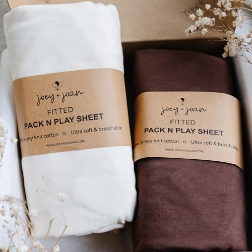 Image of Pack and Play Sheets Fitted – Compatible with Graco Pack n Play Playard Crib and Other 27 x 39 Inch Playpen Mattress – Snuggly Soft 100% Jersey Cotton – Cream + Brown – 2 Pack
