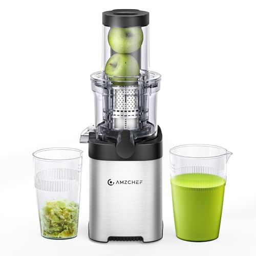 AMZCHEF Cold Press Juicer - Juicer Machine with Large Feed Chute for Whole Fruits and Vegetables - Durable Stainless Steel Masticating Juicer, Large Auger, Double Strainers