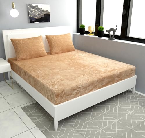 Image of Sands Flannel 300 TC Luxurious Bedsheets for Winter, King Size Fitted Warm Double Bedsheet, 72 x 78 x 10 inches, with 2 Pillow Covers (Cream)