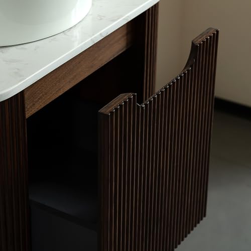 60" Floating Bathroom Vanity with Double Sink, Modern Storage Cabinet with Round Transparent Black Glass Basins and Marble Top, 2 Large Soft Closing Drawer, Pre-Assembled, Dark Walnut