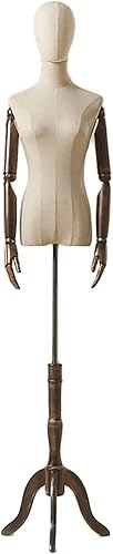 YHdtUO Torso corporal femenino con base y brazos de madera, forma de vestido de maniquí para mujer en altura ajustable con cabeza de tela, estante