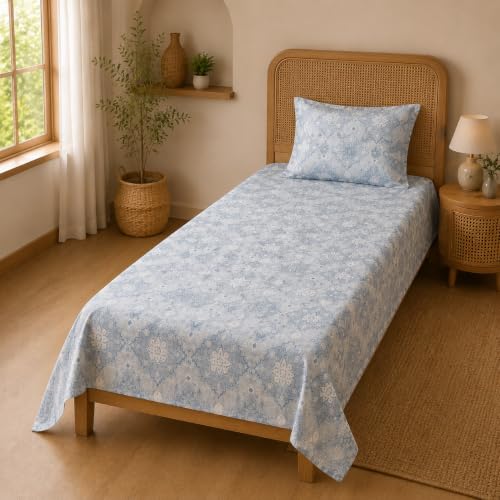Image of BSB HOME 240 TC Premium Single Bed Bedsheet, Soft Floral Printed Bed Sheet, Elegant Cotton-Look Bedding with Stylish Floral Pattern Bedsheet for Bedroom, 60 x 90 Inches (152 x 229 cm) - Powder Blue