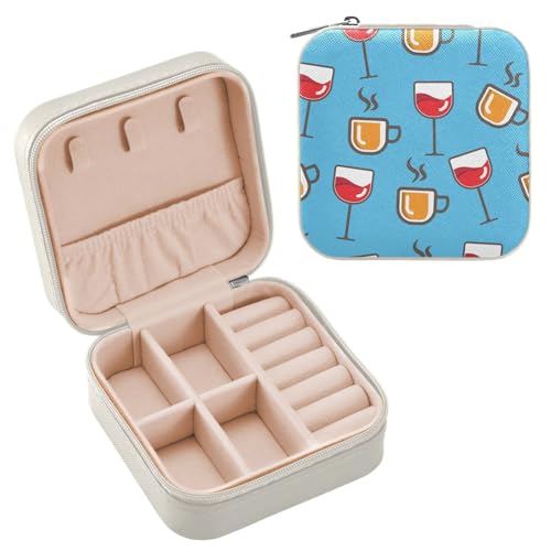 FRODOTGV Patrón de tazas con fondo azul, caja organizadora de collares de cuero, accesorios esenciales para vacaciones, collares, aretes, pulseras, almacenamiento, regalos para mujeres, mini estuche