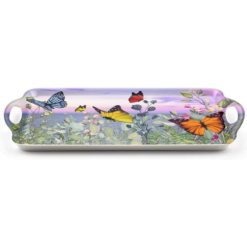 Serving Tray Decorative Tray with Handles Multi-Purpose Rectangular Serving Trays for Restaurant, Parties, Coffee Table, Kitchen - Butterfly Flying Flower