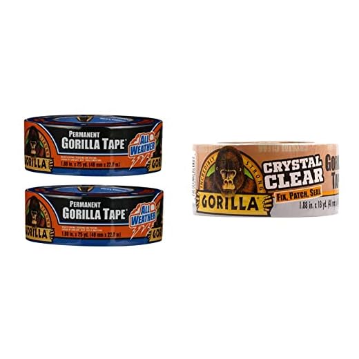 Gorilla All Weather Outdoor Waterproof Duct Tape, UV and Temperature Resistant, 1.88" x 25 yd, Black, (Pack of 2) & Crystal Clear Repair Duct Tape, 1.88” x 18 yd, Clear, (Pack of 1)
