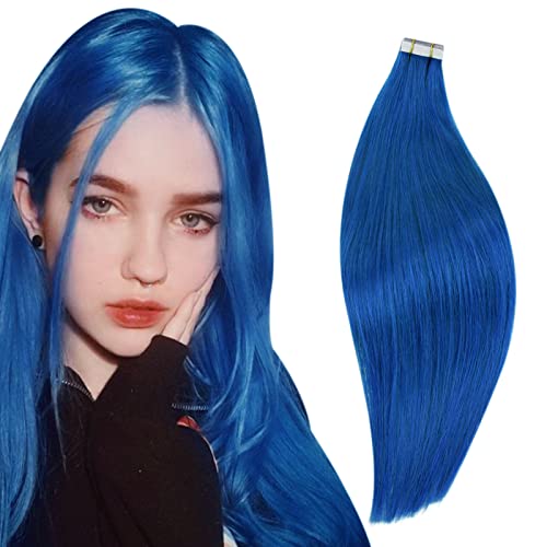 RUNATURE Tape in Hair Extensions Blue Human Hair Tape in Remy Hair 14 Inch Blue Hair Extensions Tape in Natural Hair Silky Straight 20g