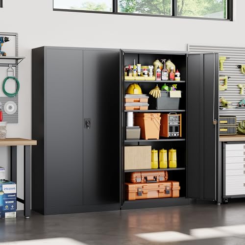 Image of Yizosh Metal Garage Storage Cabinet with Lock, 71 inch Locking Tool Cabinet with 2 Doors and 4 Shelves, Tall Steel Cabinet for Garage, Heavy Duty File Cabinet for Office, School (Black)