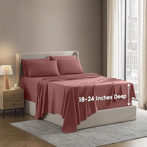 Nestl Extra Deep King Sheet Set - 6 Piece Breathable & Cooling Sheets - Hotel Luxury Bedding Set w/18-24 Inch Deep Pockets - Easy & Secure Fit - Super Soft, Wrinkle Free & Comfy - Pink Clay