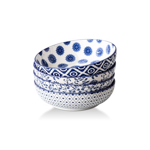 Image of Gibsimi Ceramic Large Salad Bowls - 45 OZ Pasta Bowls 8 inch Wide Serving Bowl for Soup Dinner Dessert Noodle Fruit Bowls - Microwave Dishwasher Safe - Set of 4 - Vintage Blue