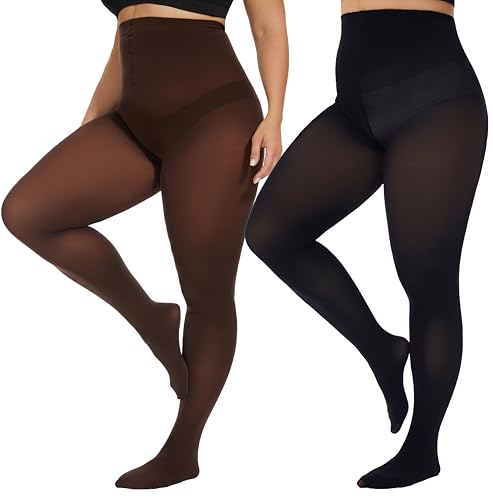 Image of CozyWow Plus Size Tights for Women 80D Soft Solid Color Semi Opaque Pantyhose High Waist 1X 2X 3X 4X