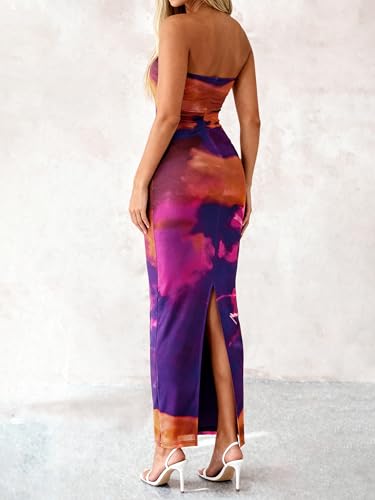 Image of PRETTYGARDEN Women Summer Strapless Maxi Dress Bodycon Floral Sexy Long Wedding Guest Dress Formal Tube Mesh Cocktail Dresses