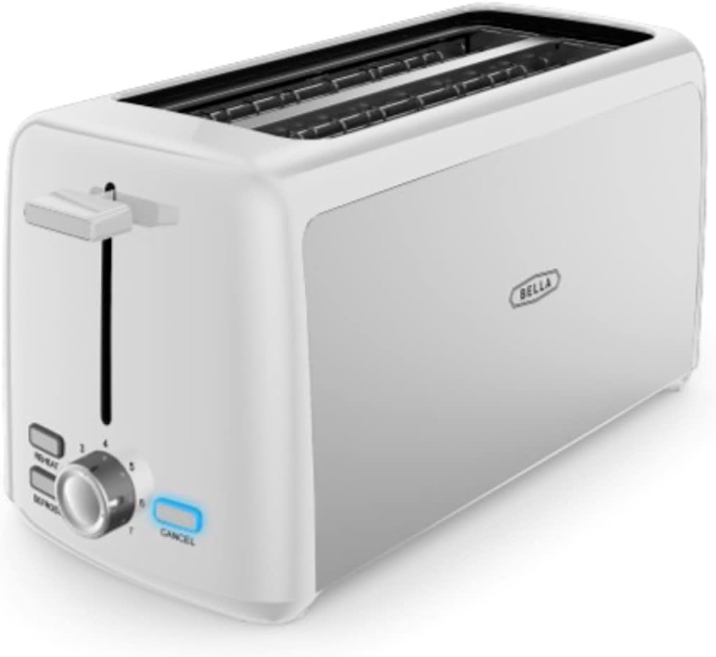 BELLA 4 Slice Toaster, Long Slot & Removable Crumb Tray - 7 Shading Options with Auto Shut Off, Cancel & Reheat Button - Toast Bread & Bagel, Stainless Steel and White Stainless Steel & White