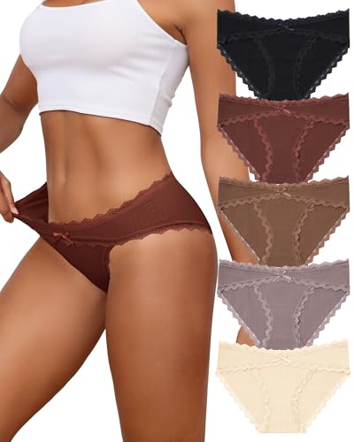 LEVAO Women's Cotton Hipster Underwear Ladies Bikini Panties with Soft Lace Trim, Full Coverage Cheeky Underpant S-2XL