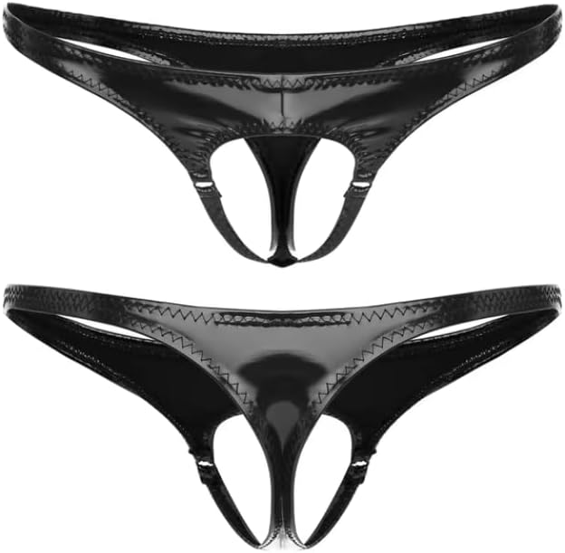 Mens Faux Leather Open Crotch Underwear Wet Look Low Rise T-Back Thongs Elastic Waistband Crotchless G-String Nightwear,Black,XL