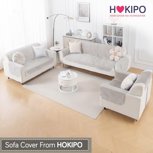 Image of HOKIPO Quilted Sofa Cover 6 Seater Set - Washable 3+2+1 Sofa Panel for Seat & Back | 'Quilt Classic' Light Grey (IN-927+926+925 * 2-LGRY)