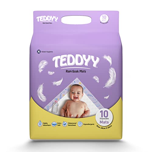 Image of TEDDYY Baby Disposable Rapi-Soak Changing Mats Size - 60 X 60 Cm | 10 Count | Highly Absorbent | Unisex | Anti-Rash | Extra Soft top layer | Anti-Bacterial & Leak- Proof (Pack of 7)
