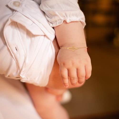 14K Solid Gold Baby Cross Bracelet – Sideways Adjustable in Hollow or Solid – Religious Gift for Baptism, Infant, Teen, Boys & Girls4