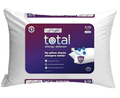 Total Allergy Defense Bed Pillows, Standard/Queen Size, Hypoallergenic Fiberfill, White, 2 Pack-Assembled in USA with US and Foreign Material