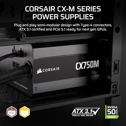 Image of CORSAIR CX-M Series, CX750M ATX 3.1 Cybenetics Bronze Semi-Modular Power Supply - Native 12V-2x6 Cable - ATX 3.1 & PCIe 5.1 - Low Noise - 105C Capacitors - 7-Year Warranty