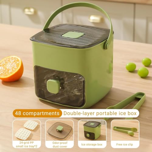 Portable Freezer Ice Maker with Ice Bin Fast, ICES Cube Tray with Storage Drawer, 48 Grid Push Type ICES Maker, Portable Press-Style ICES Box for Effortless Ice Making & Storage for Home Use (Green)