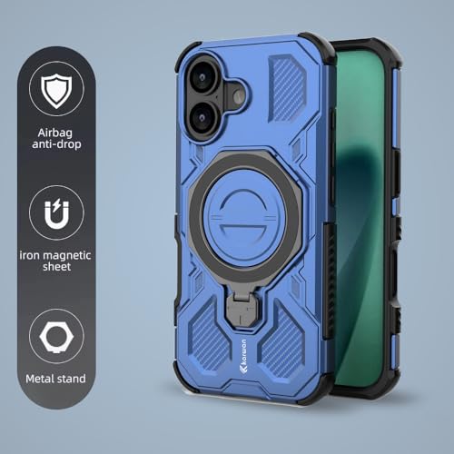 Image of KARWAN Tough Shockproof Armor Back Case Cover Compatible with iPhone 16 with 360 Degree Rotation Magnetic Attraction Ring, Holder Heavy Duty Rugged Cover with MagEaze Wireless Charging (Blue)