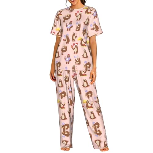Pyjama doux 2 pièces femme ensemble respirant manches courtes pantalon long