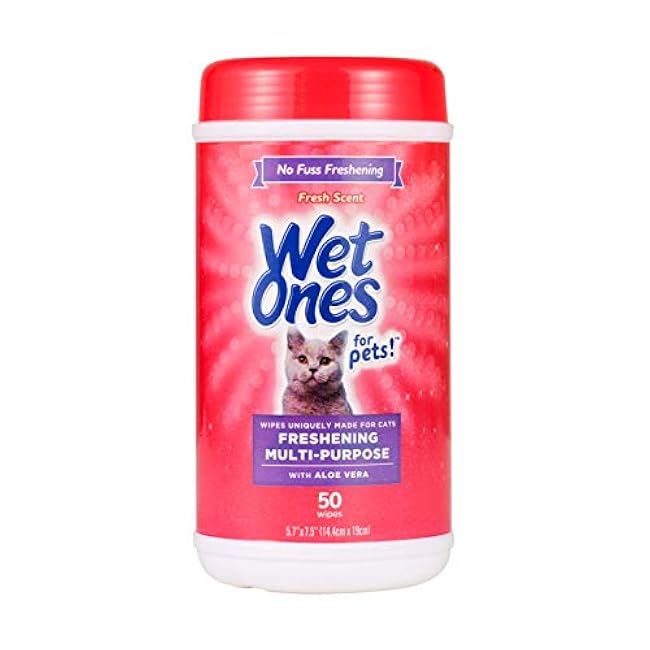Wet Ones for Pets Freshening Multipurpose Wipes for Cats with Aloe Vera, Fresh Scent - Easy to Use Cat Cleaning Wipes for Pet Grooming in Canister, 50 Count-69Pw0y0i