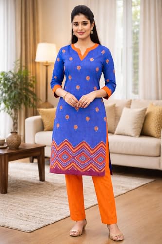 Image of Women's Cotton Blend Unstitched Kurti Set for Women | A-Line Style Dress Material | 2-Piece Traditional Ethnic Wear Suit Fabric