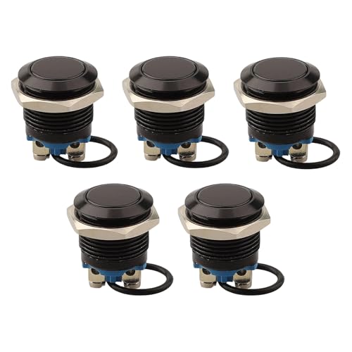 Lawnoval 5 interruptores de botón momentáneos de metal de 16 mm, cabeza plana chapada en negro, impermeable IP65, terminales de abrazadera de tornillo para arranque y control de acceso de vehículos de