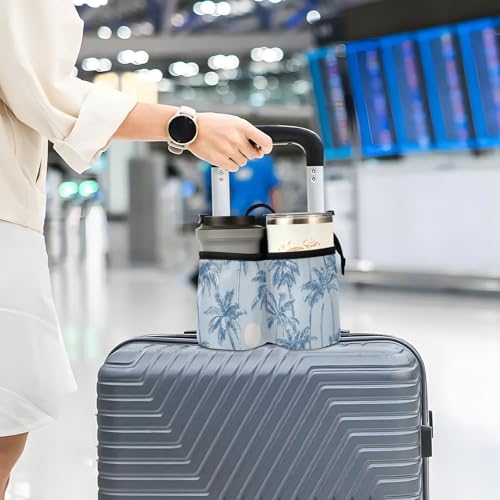 Image of Luggage Cup Holder for Suitcases Free Hands Suitcase Cup Holder Travel Luggage Drink Holder Portable Luggage Cup Caddy Bag Carrier with Handle Light Blue Palm Trees and Sun