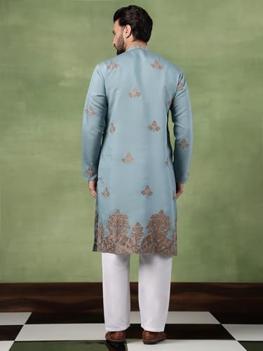 Image of SOJANYA (Since 1958 Men's Cotton Contrast Coffee Thread Embroidered Long Kurta